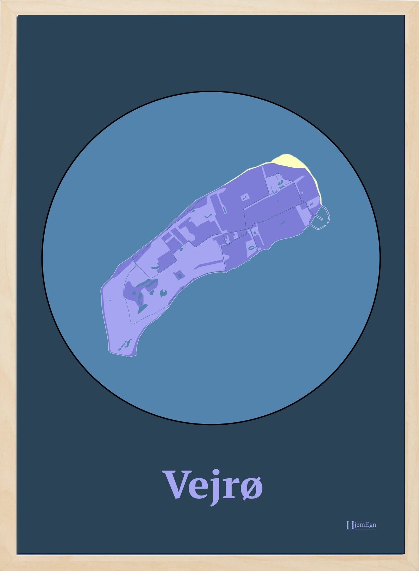 Vejrø plakat i farve pastel lilla og HjemEgn.dk design centrum. Design ø-kort for Vejrø