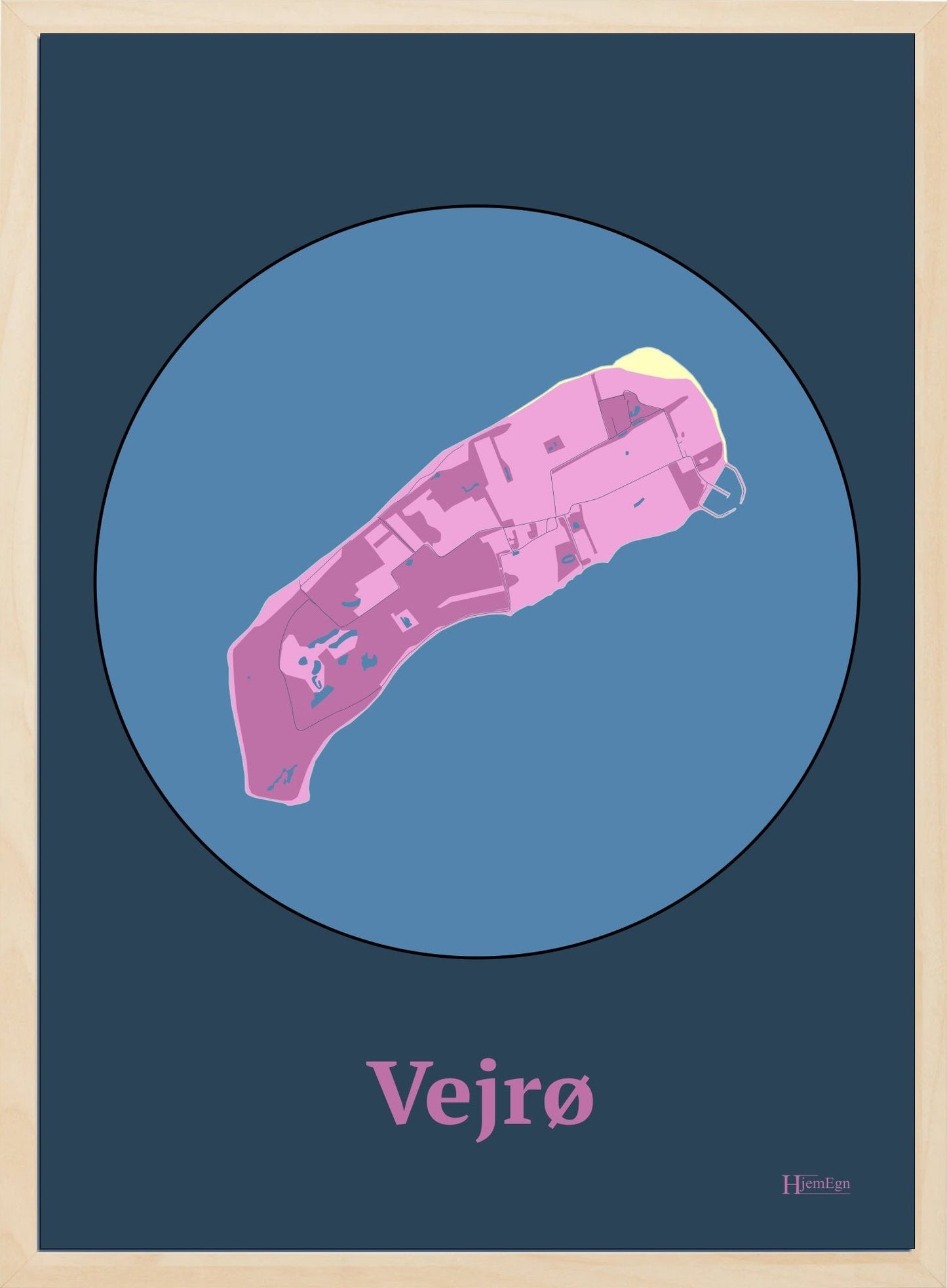 Vejrø plakat i farve pastel rød og HjemEgn.dk design centrum. Design ø-kort for Vejrø