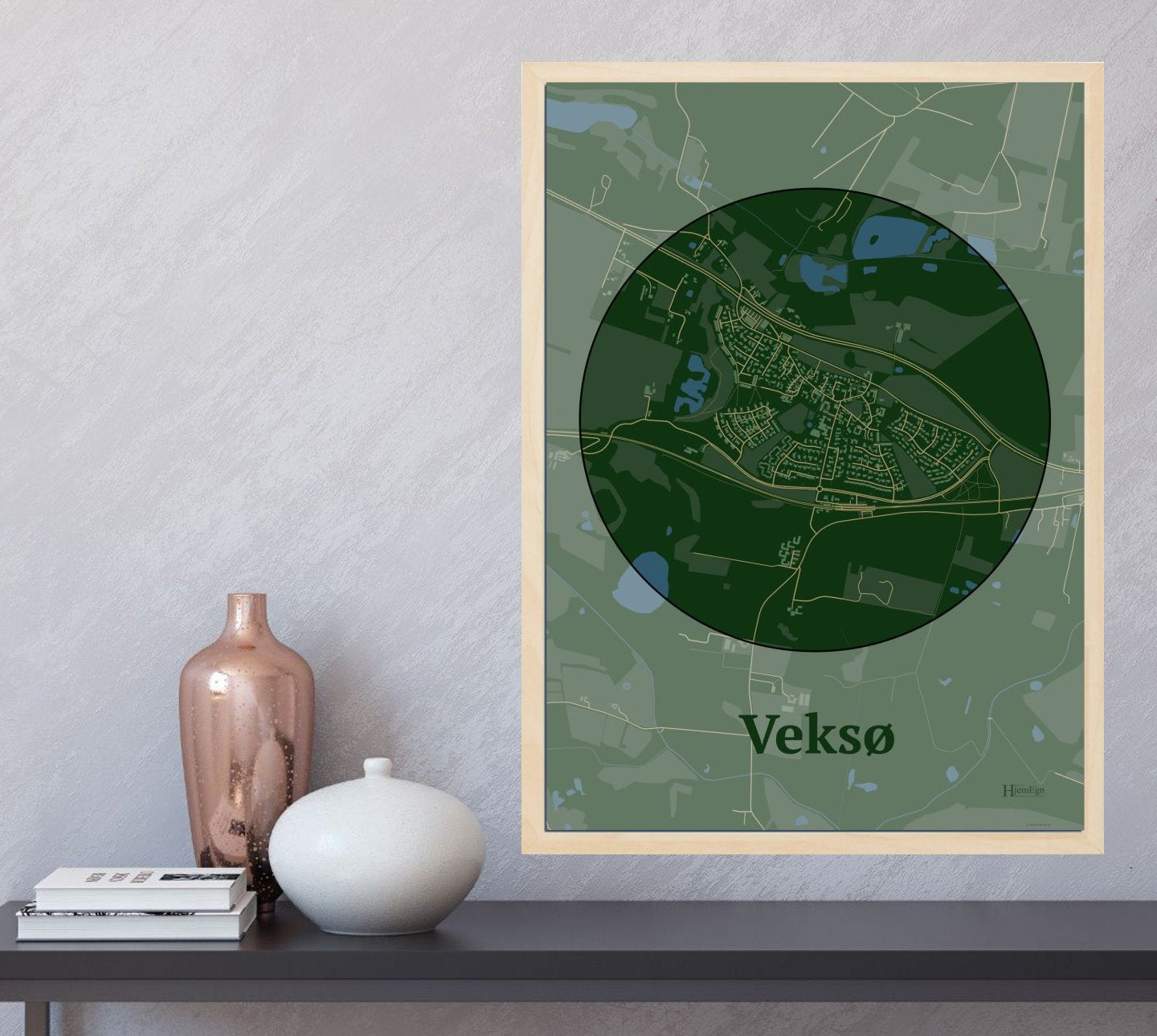 Veksø plakat i farve og HjemEgn.dk design centrum. Design bykort for Veksø