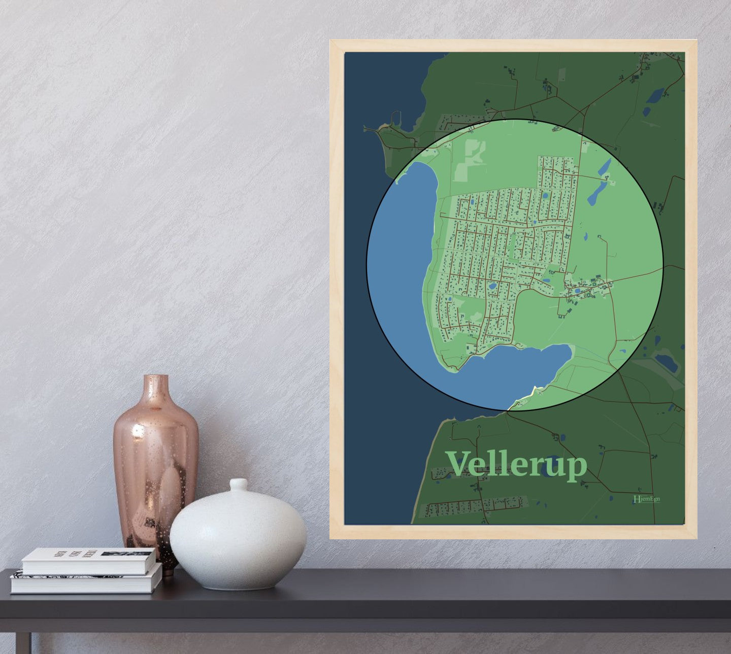 Vellerup plakat i farve og HjemEgn.dk design centrum. Design bykort for Vellerup