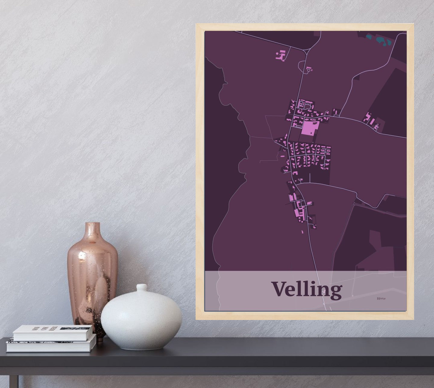 Velling plakat i farve og HjemEgn.dk design firkantet. Design bykort for Velling