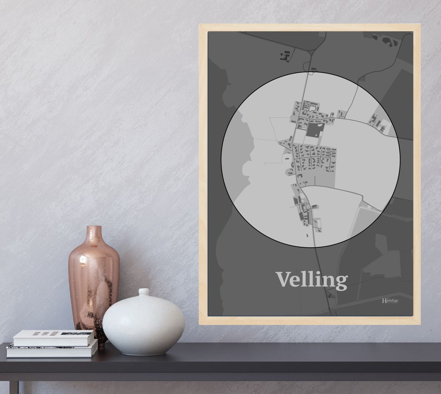 Velling plakat i farve og HjemEgn.dk design centrum. Design bykort for Velling