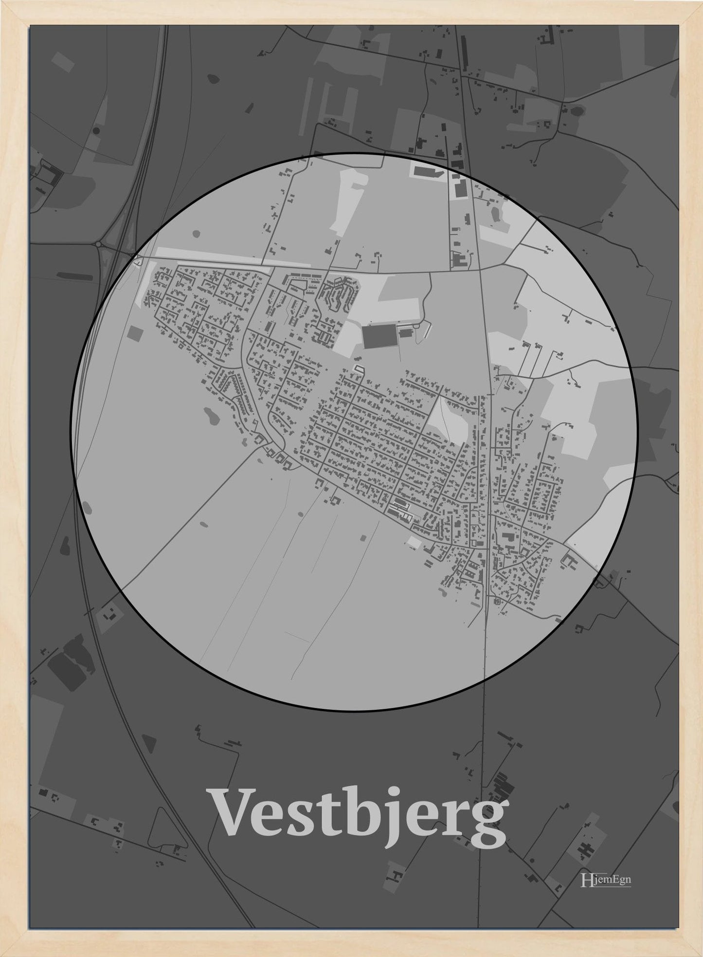 Vestbjerg plakat i farve pastel grå og HjemEgn.dk design centrum. Design bykort for Vestbjerg