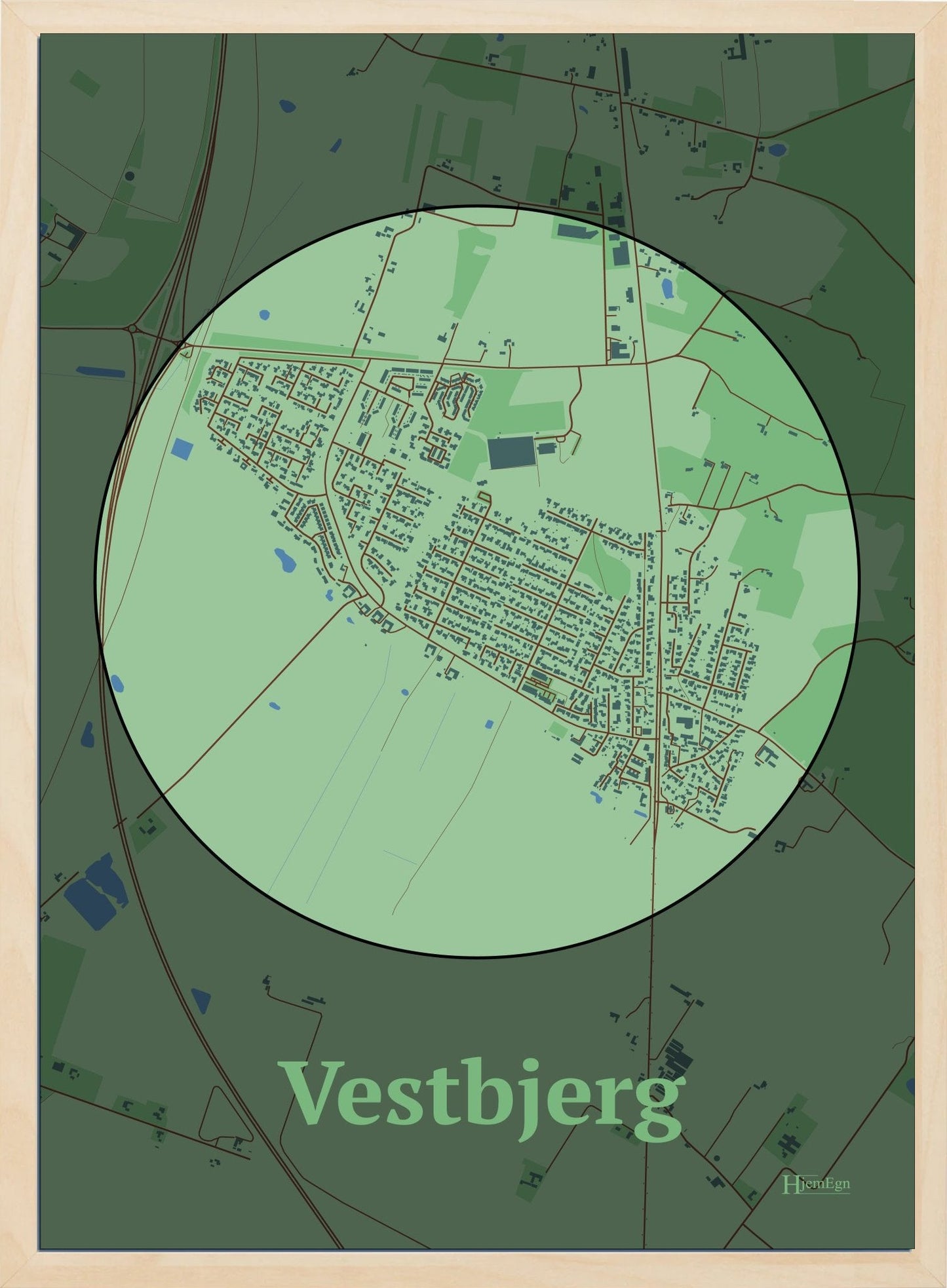 Vestbjerg plakat i farve pastel grøn og HjemEgn.dk design centrum. Design bykort for Vestbjerg