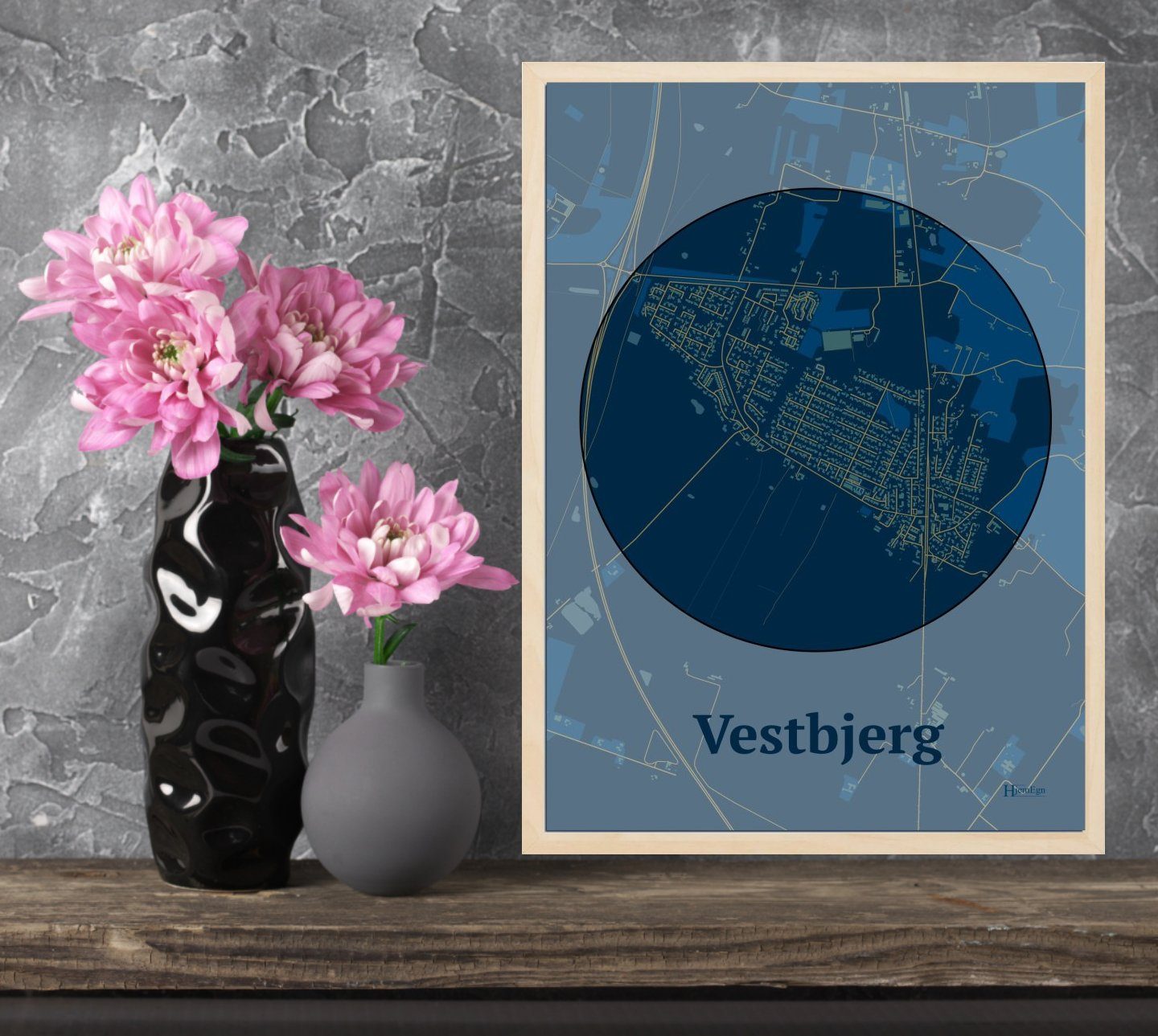 Vestbjerg plakat i farve og HjemEgn.dk design centrum. Design bykort for Vestbjerg