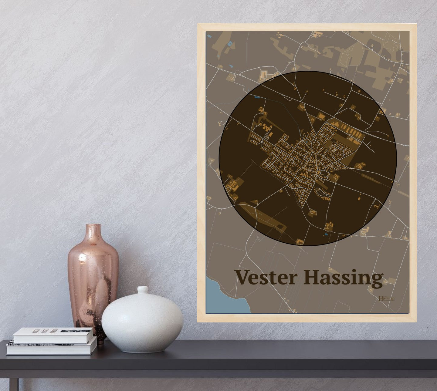 Vester Hassing plakat i farve og HjemEgn.dk design centrum. Design bykort for Vester Hassing