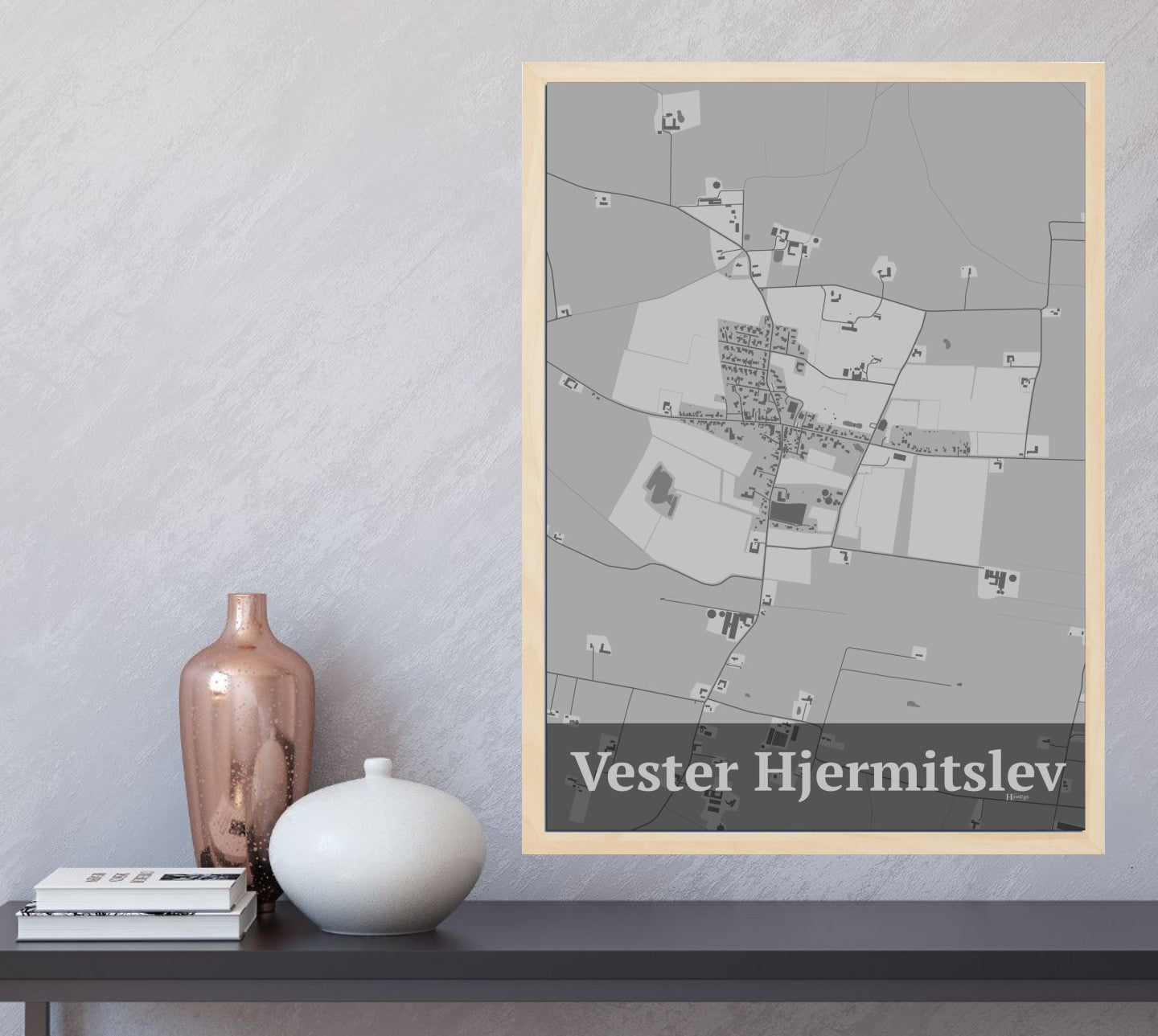 Vester Hjermitslev plakat i farve og HjemEgn.dk design firkantet. Design bykort for Vester Hjermitslev