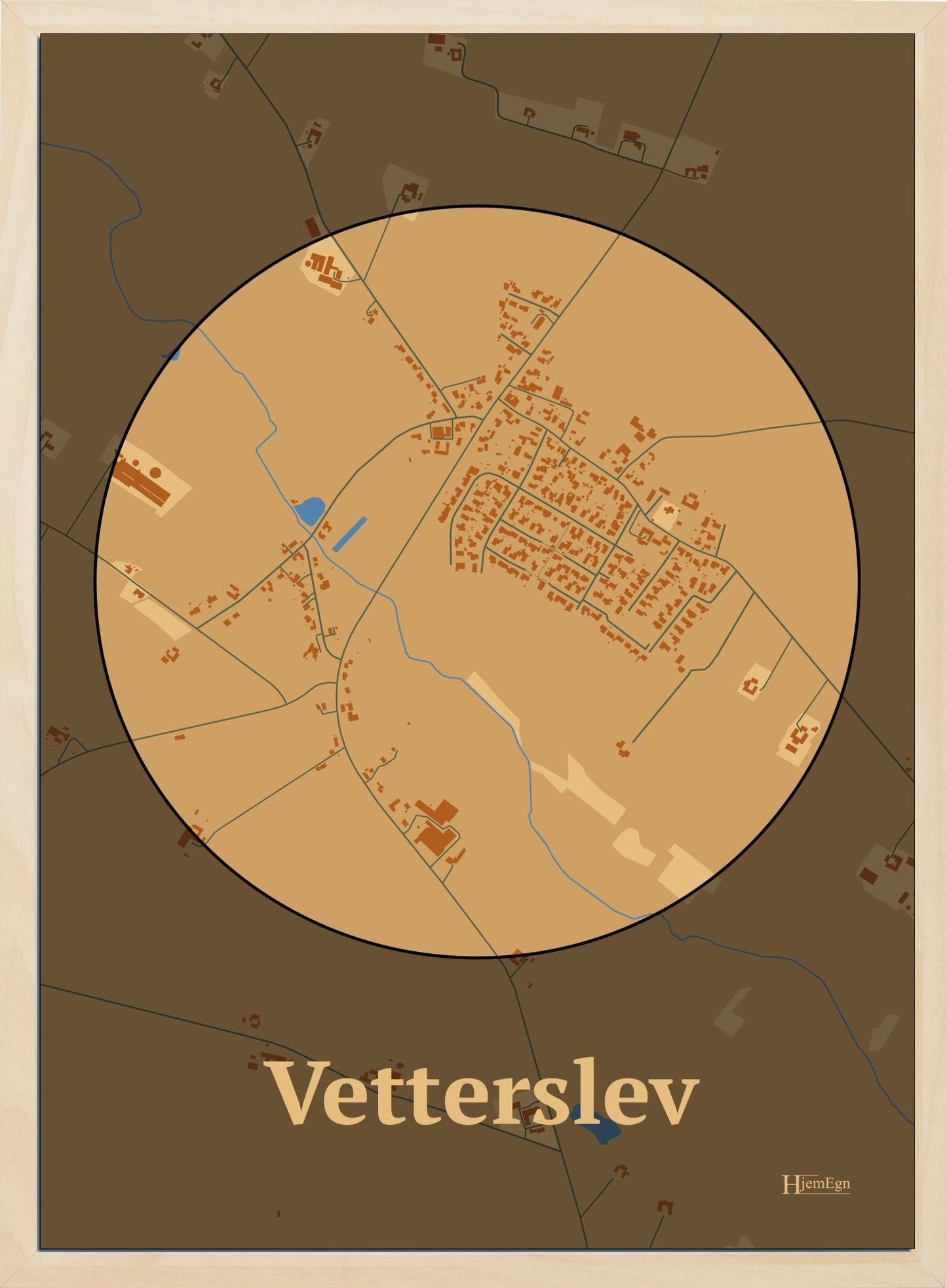 Vetterslev plakat i farve pastel brun og HjemEgn.dk design centrum. Design bykort for Vetterslev