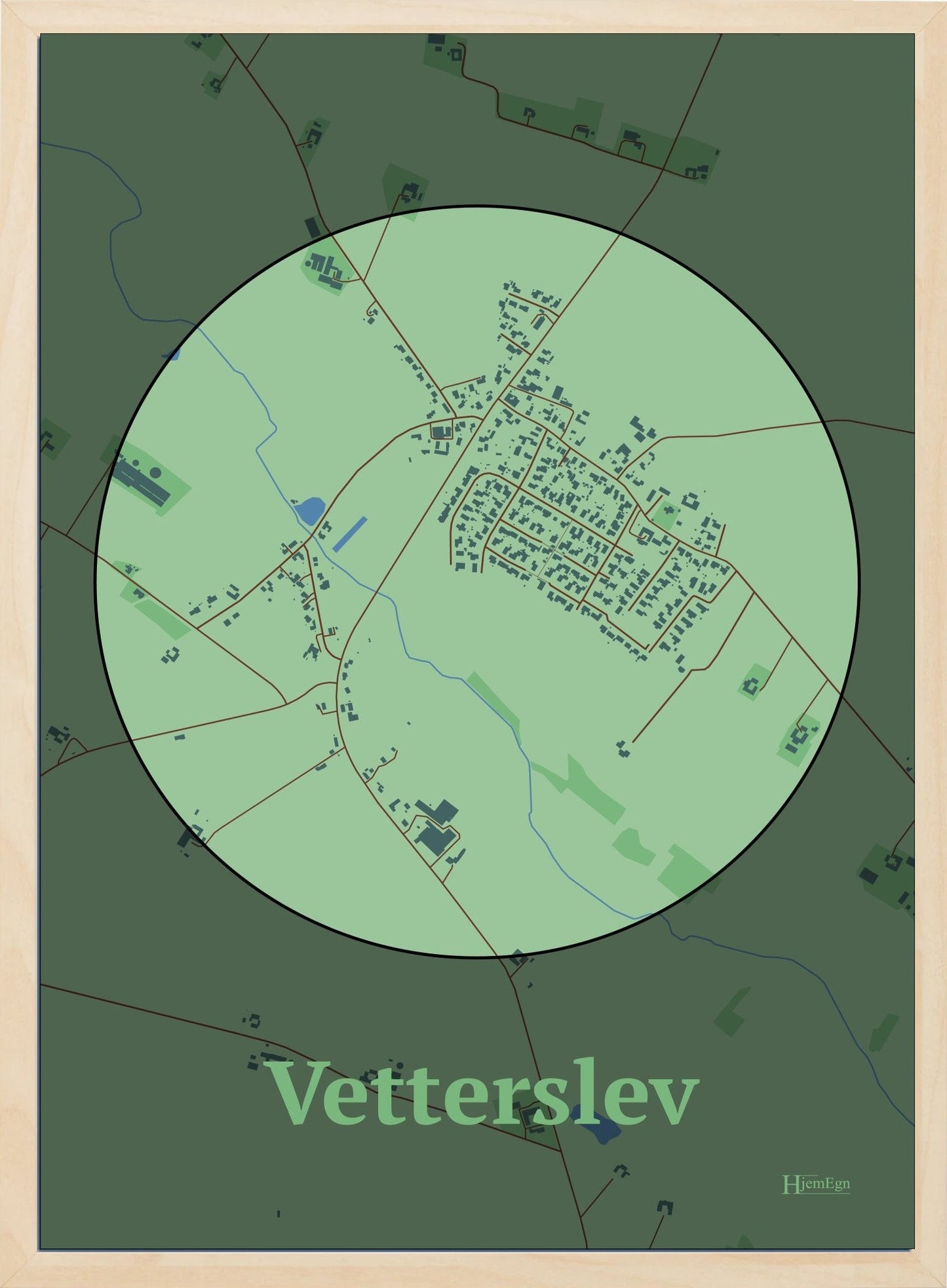 Vetterslev plakat i farve pastel grøn og HjemEgn.dk design centrum. Design bykort for Vetterslev