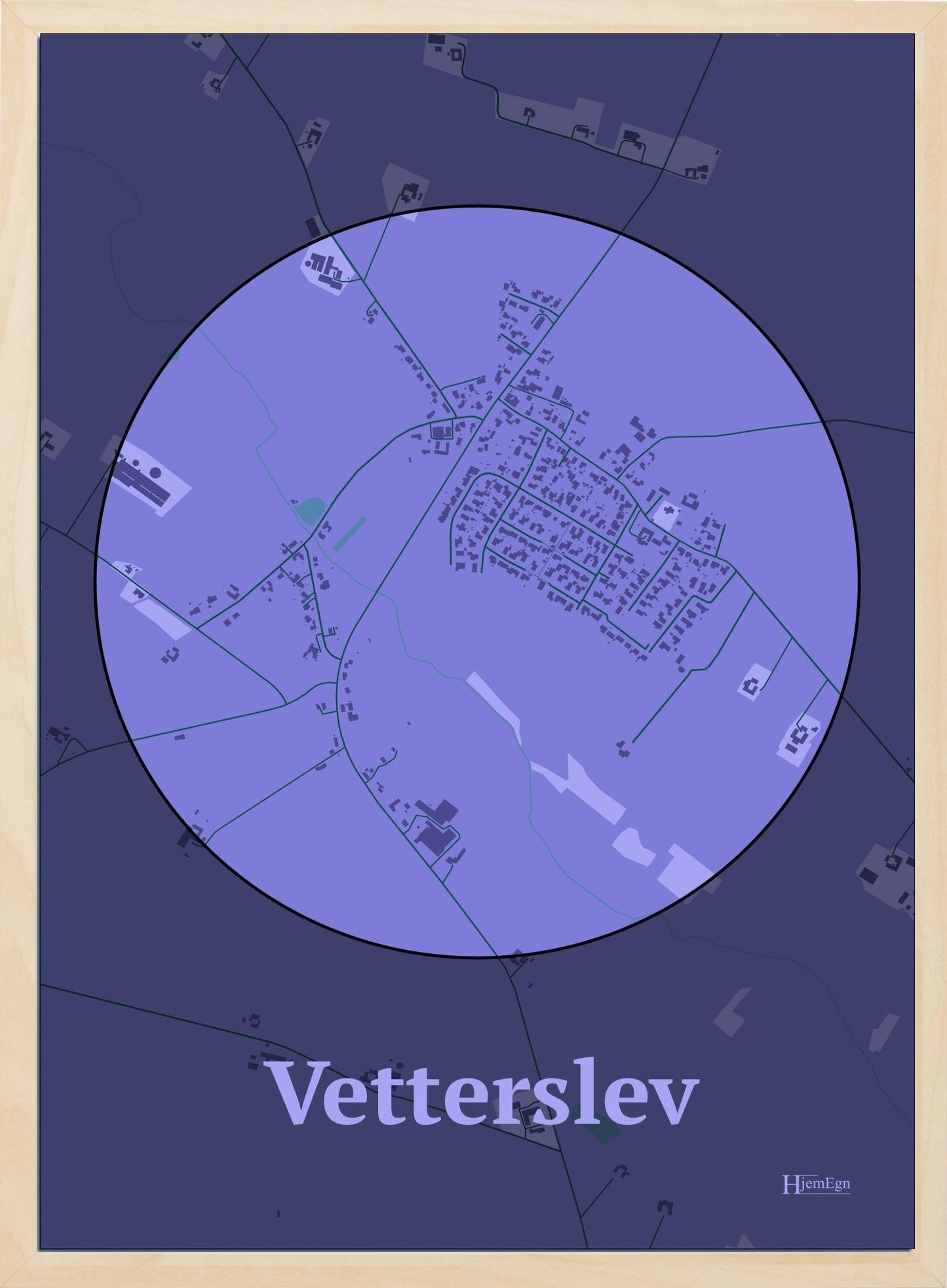 Vetterslev plakat i farve pastel lilla og HjemEgn.dk design centrum. Design bykort for Vetterslev