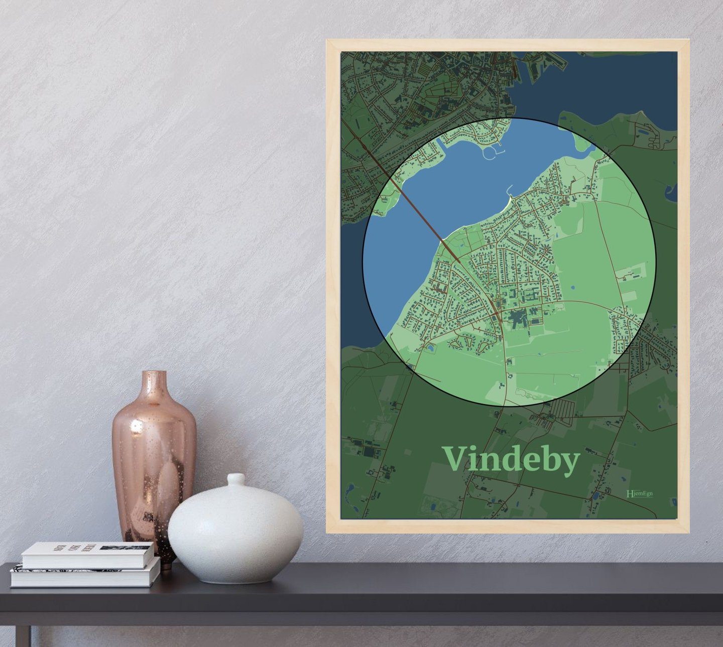Vindeby plakat i farve og HjemEgn.dk design centrum. Design bykort for Vindeby