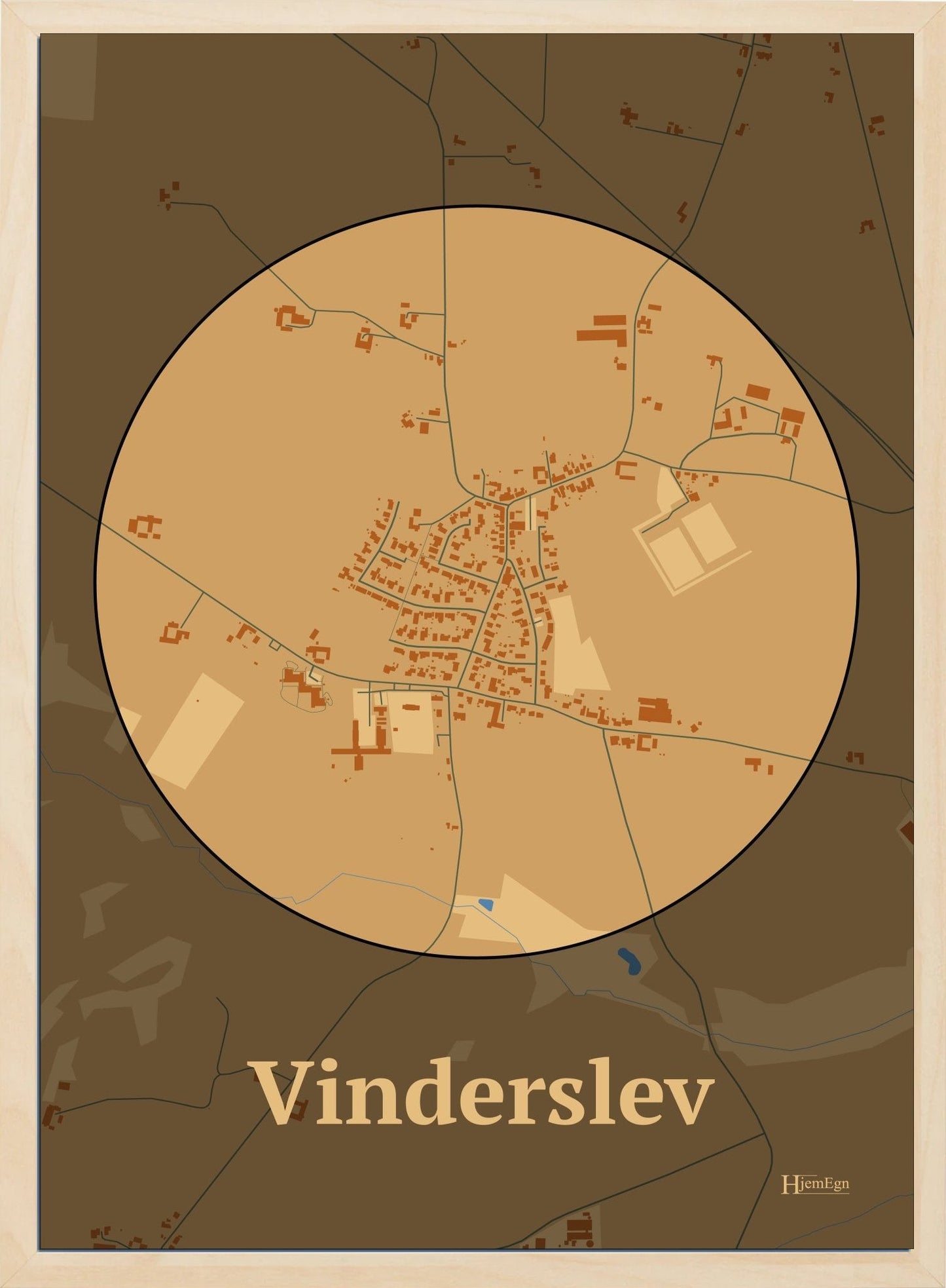Vinderslev plakat i farve pastel brun og HjemEgn.dk design centrum. Design bykort for Vinderslev