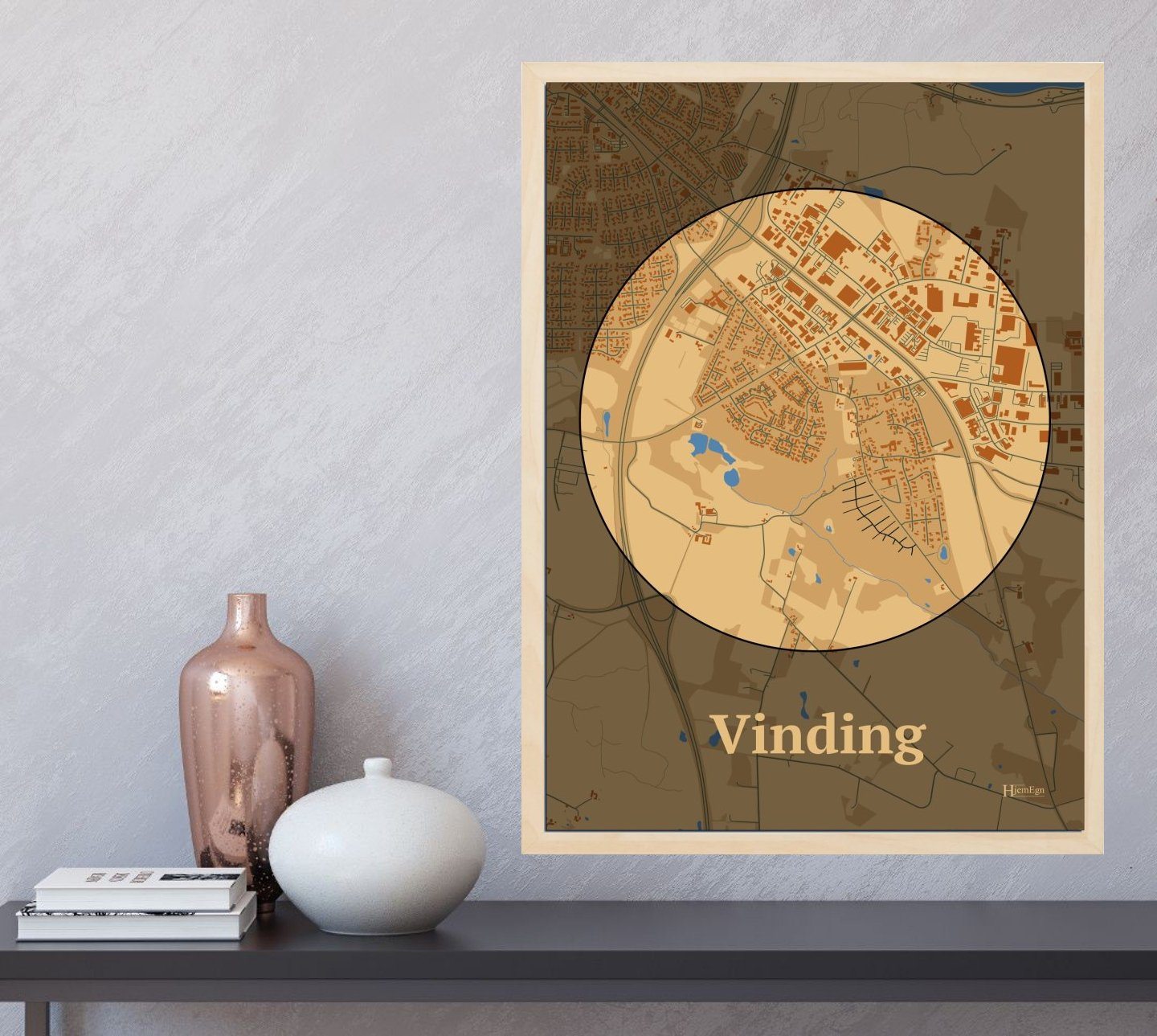 Vinding plakat i farve og HjemEgn.dk design centrum. Design bykort for Vinding