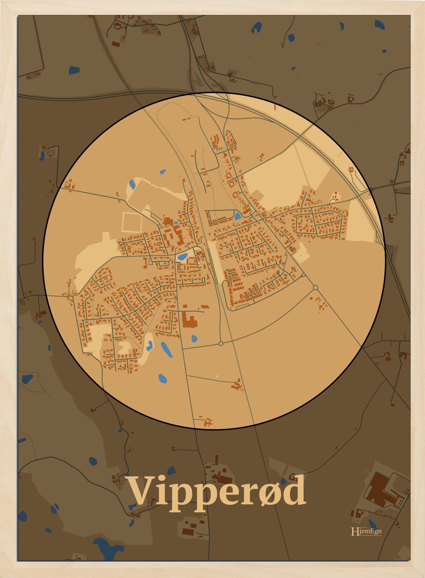Vipperød plakat i farve pastel brun og HjemEgn.dk design centrum. Design bykort for Vipperød