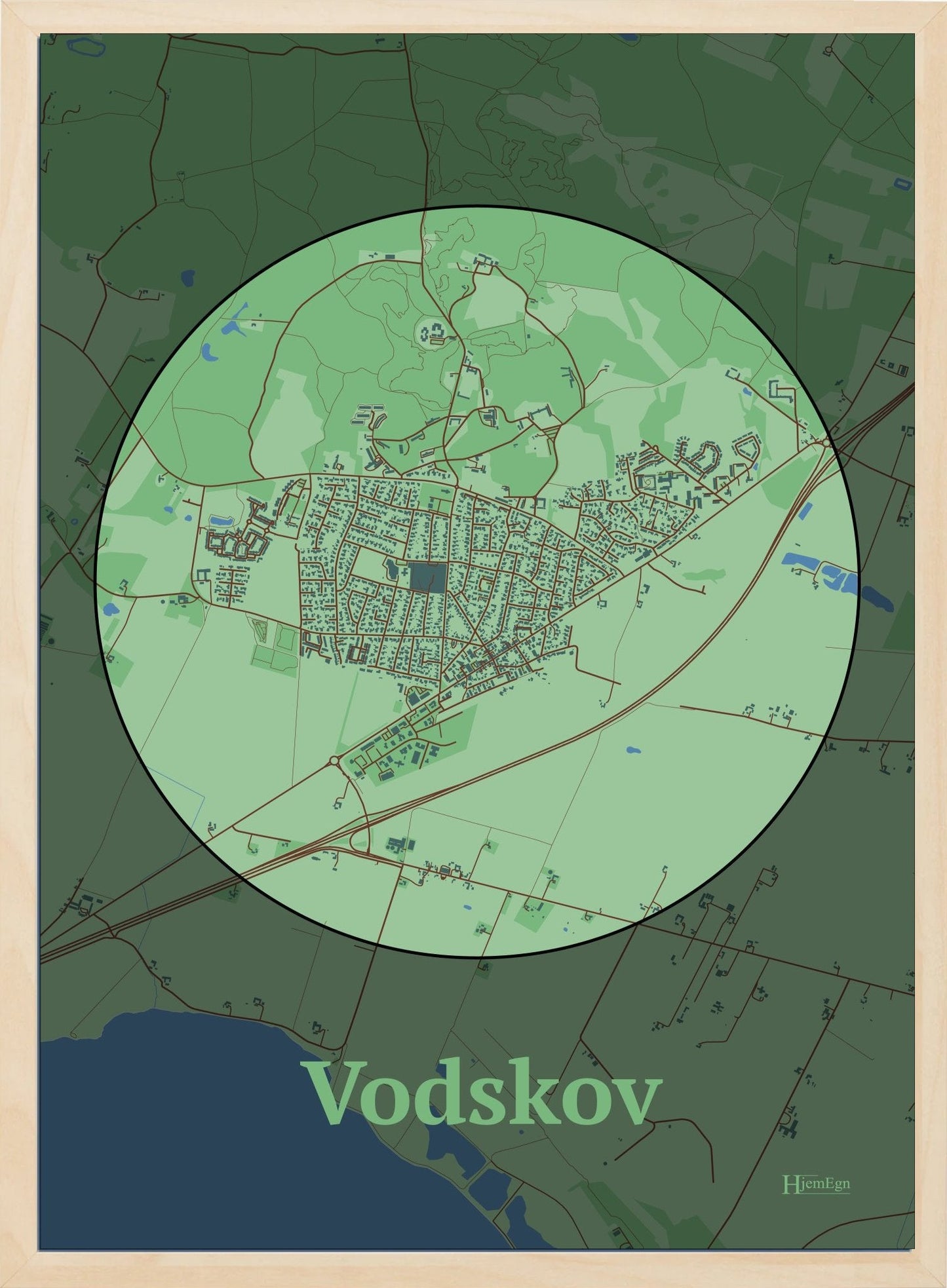 Vodskov plakat i farve pastel grøn og HjemEgn.dk design centrum. Design bykort for Vodskov