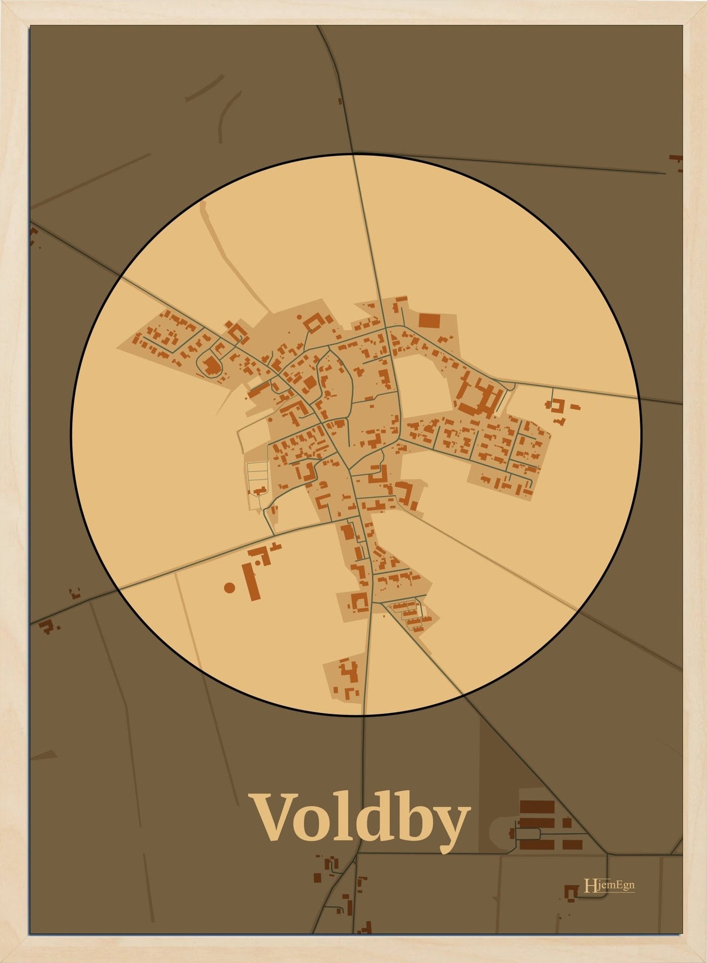 Voldby plakat i farve pastel brun og HjemEgn.dk design centrum. Design bykort for Voldby