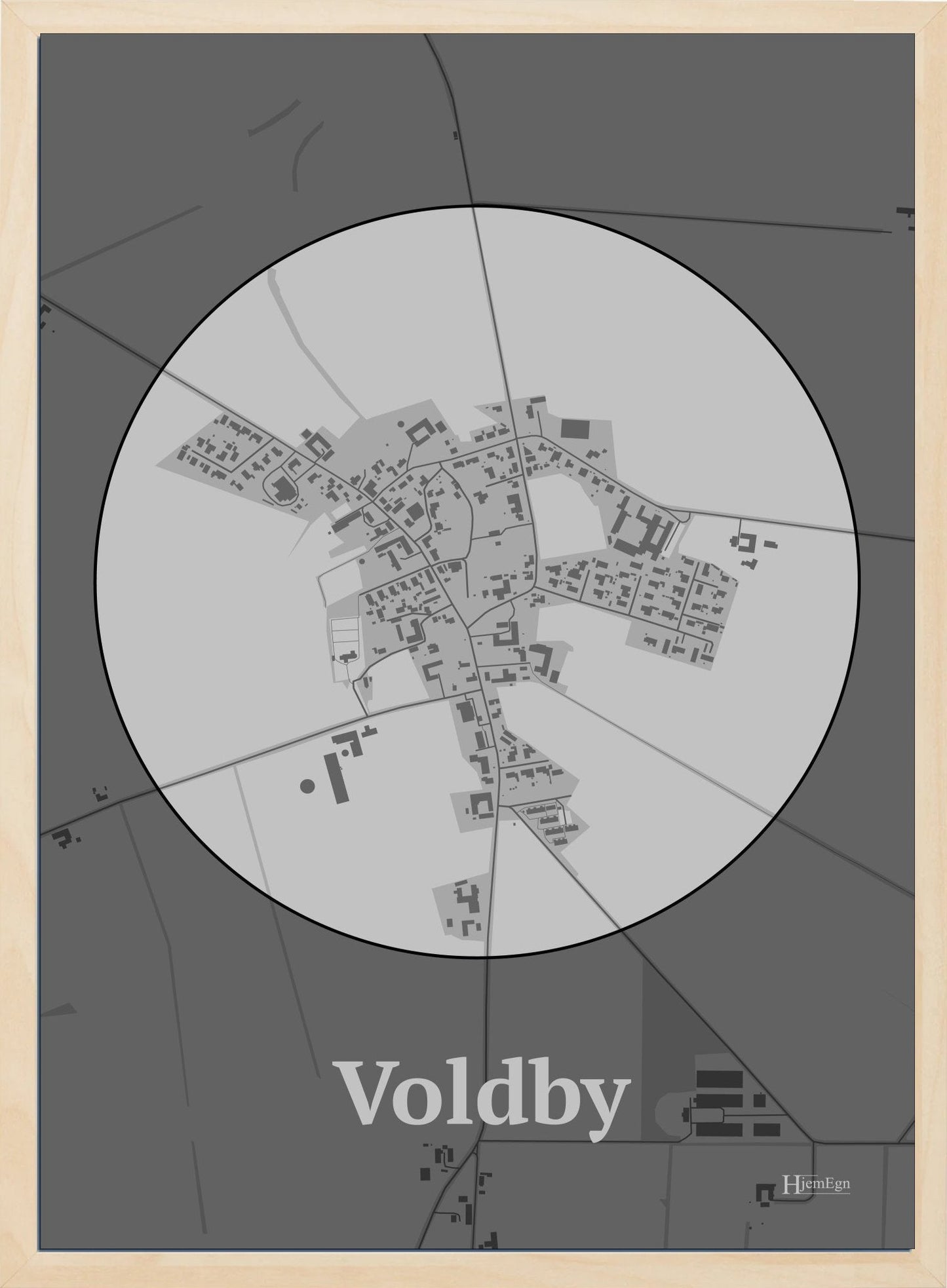 Voldby plakat i farve pastel grå og HjemEgn.dk design centrum. Design bykort for Voldby