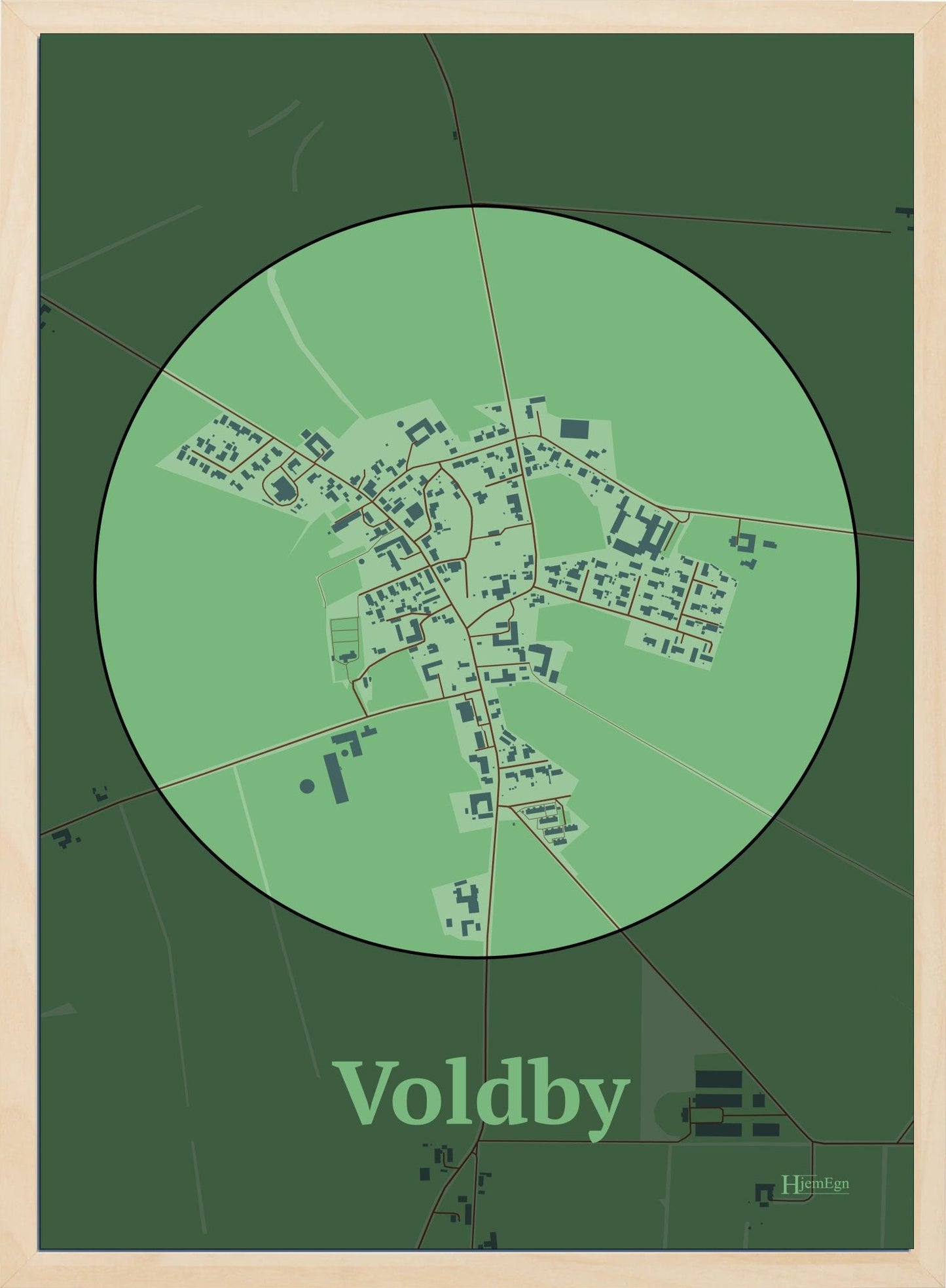 Voldby plakat i farve pastel grøn og HjemEgn.dk design centrum. Design bykort for Voldby