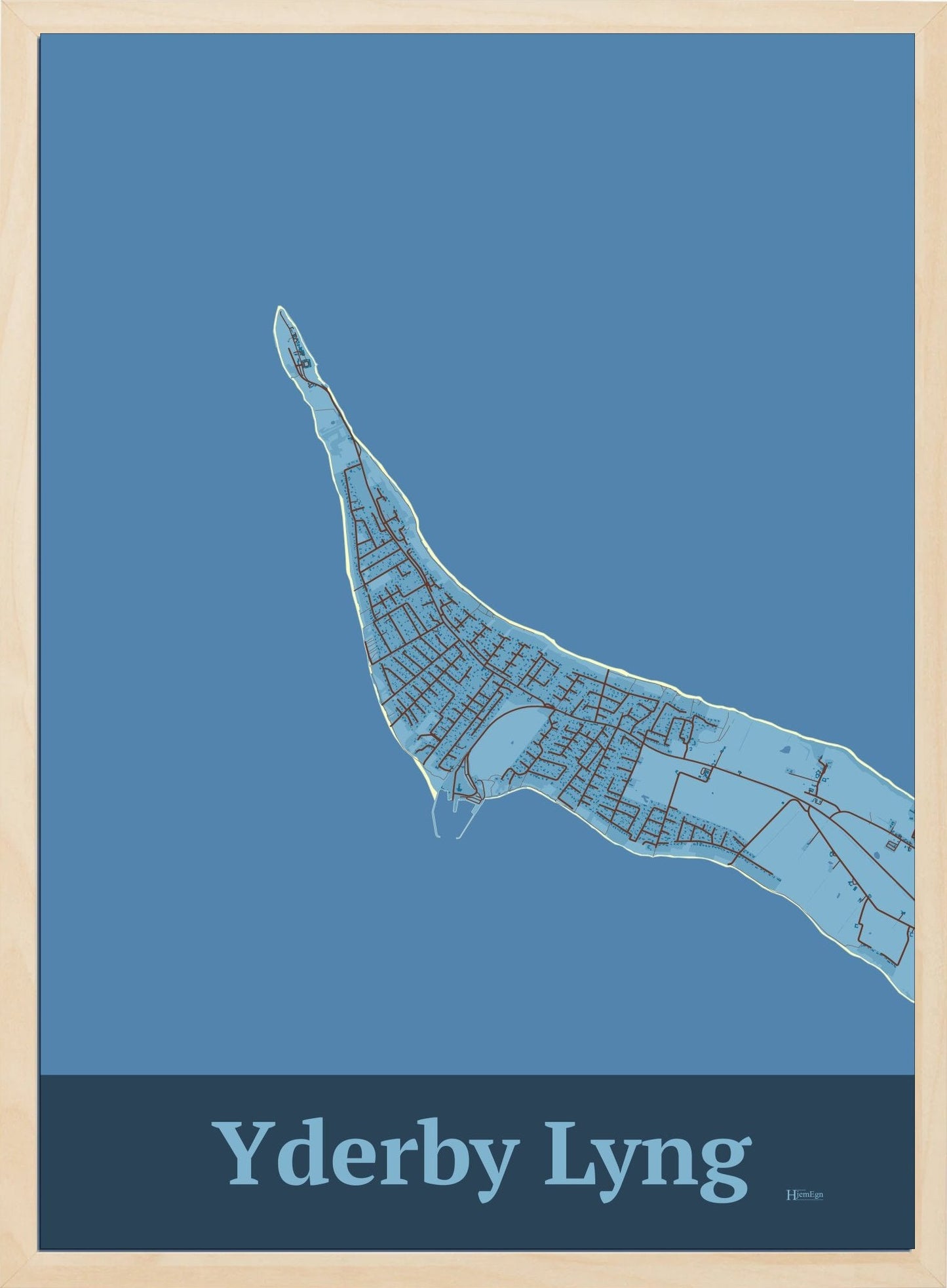 Yderby Lyng plakat i farve pastel blå og HjemEgn.dk design firkantet. Design bykort for Yderby Lyng
