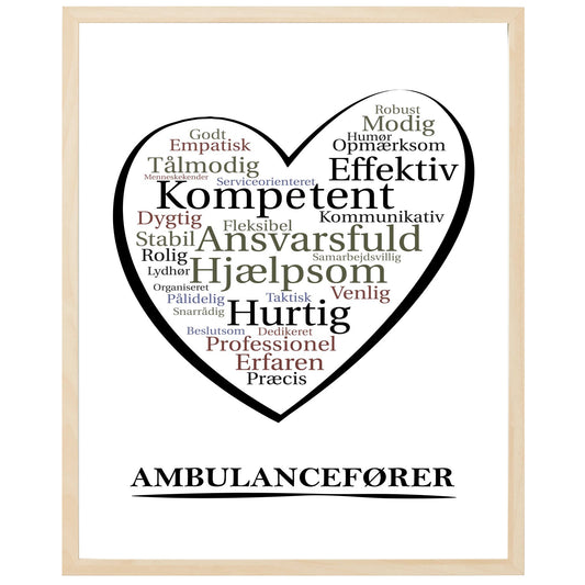 En plakat med overskriften Ambulancefører, et hjerte og indeni hjertet mange positive ord som beskriver en Ambulancefører