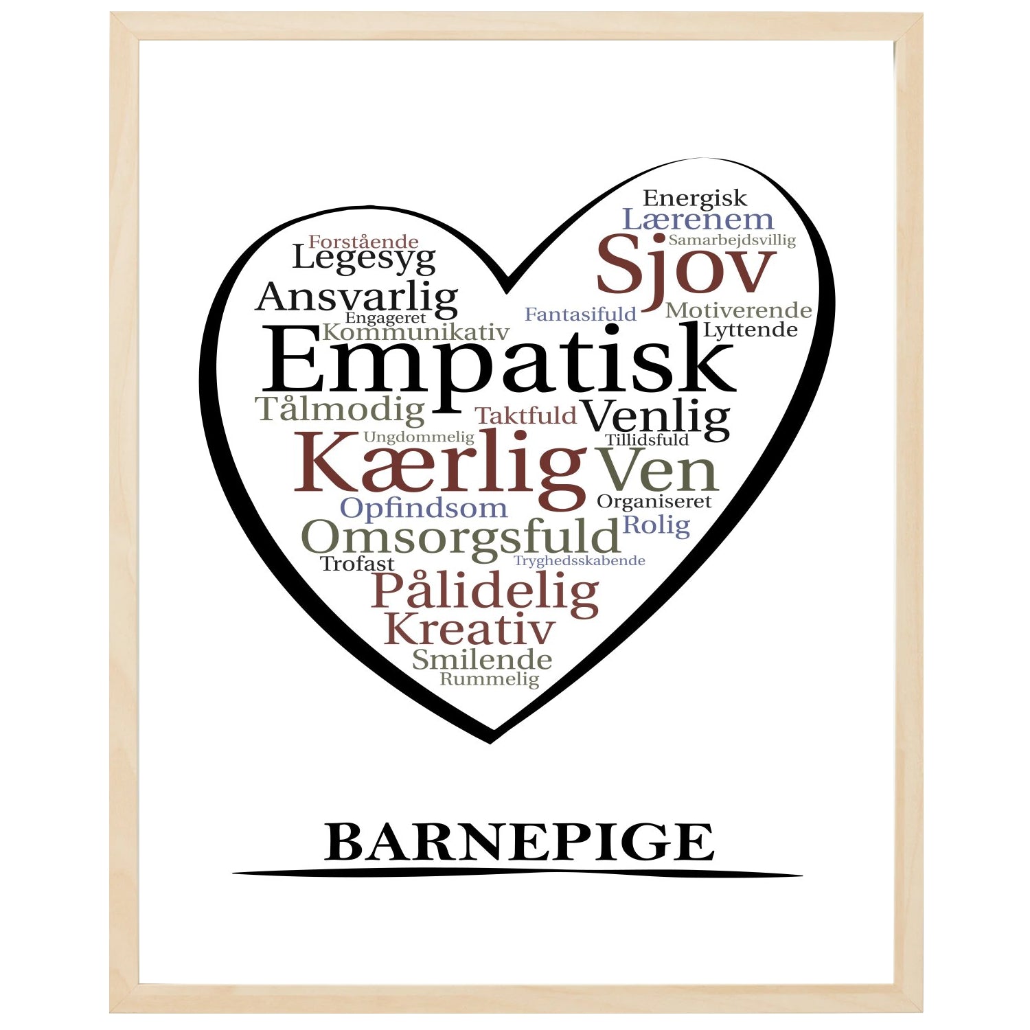 En plakat med overskriften Barnepige, et hjerte og indeni hjertet mange positive ord som beskriver en Barnepige