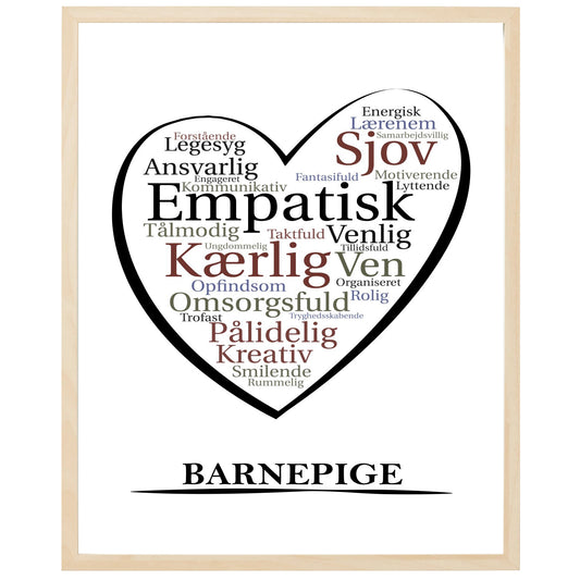 En plakat med overskriften Barnepige, et hjerte og indeni hjertet mange positive ord som beskriver en Barnepige