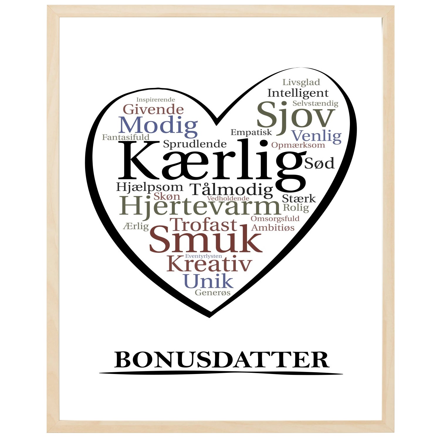 En plakat med overskriften Bonusdatter, et hjerte og indeni hjertet mange positive ord som beskriver en Bonusdatter