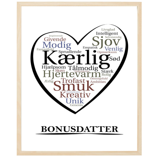 En plakat med overskriften Bonusdatter, et hjerte og indeni hjertet mange positive ord som beskriver en Bonusdatter
