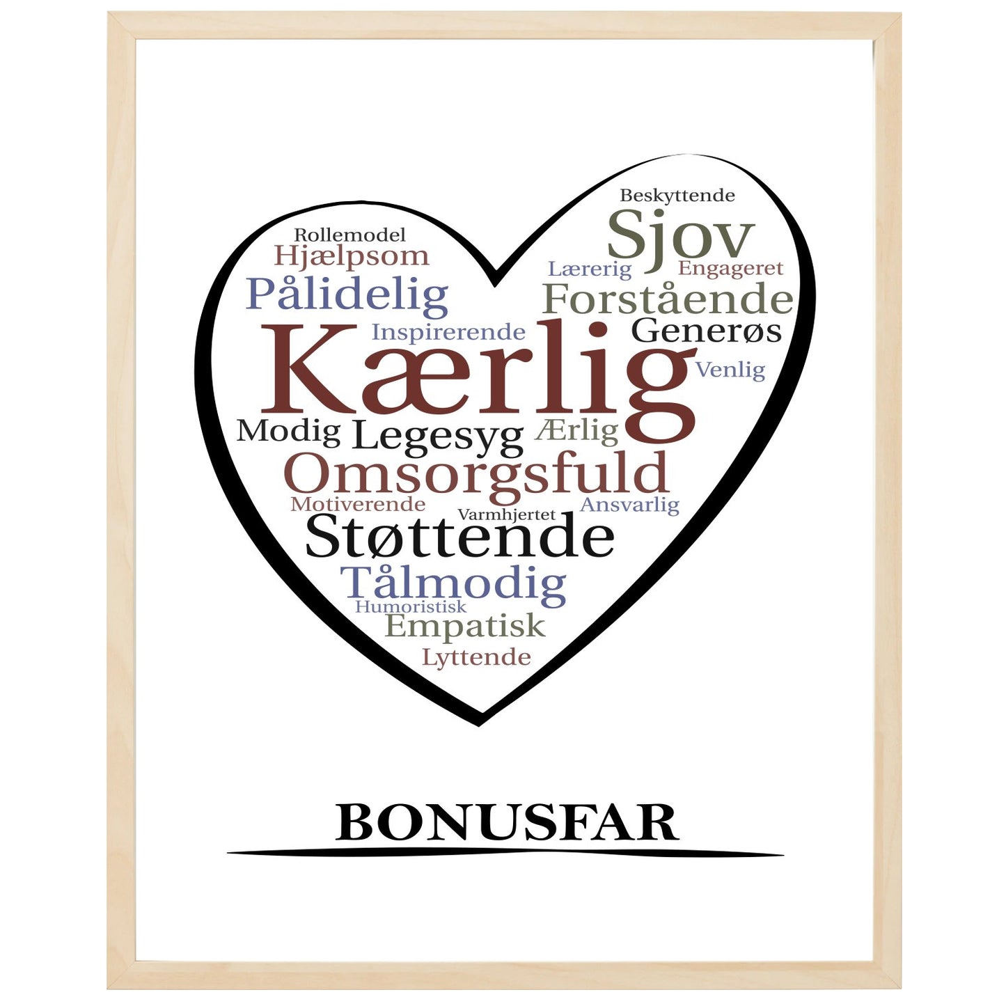 En plakat med overskriften Bonusfar, et hjerte og indeni hjertet mange positive ord som beskriver en Bonusfar