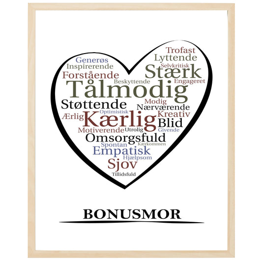En plakat med overskriften Bonusmor, et hjerte og indeni hjertet mange positive ord som beskriver en Bonusmor