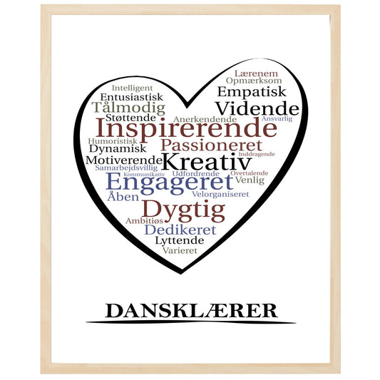 En plakat med overskriften Dansklærer, et hjerte og indeni hjertet mange positive ord som beskriver en Dansklærer
