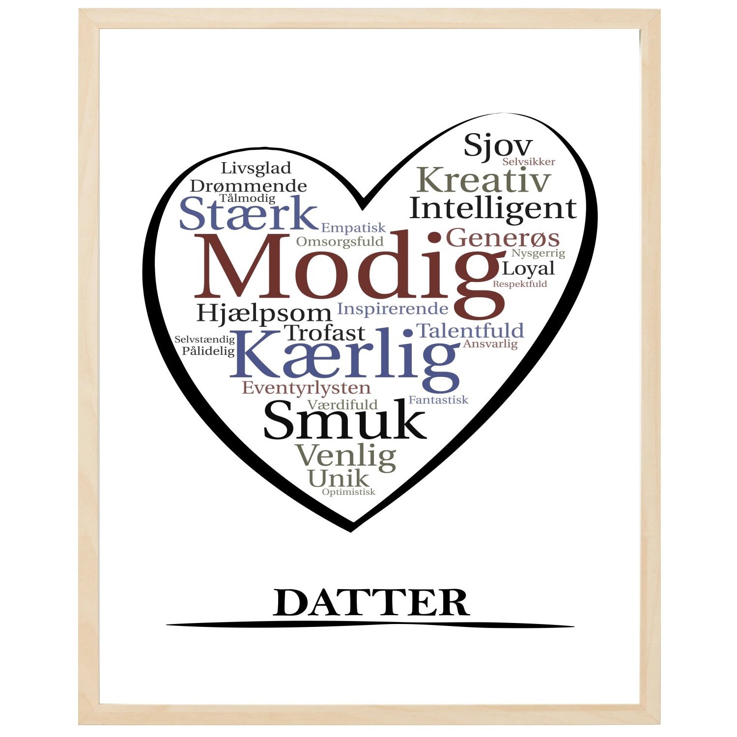 En plakat med overskriften Datter, et hjerte og indeni hjertet mange positive ord som beskriver en Datter