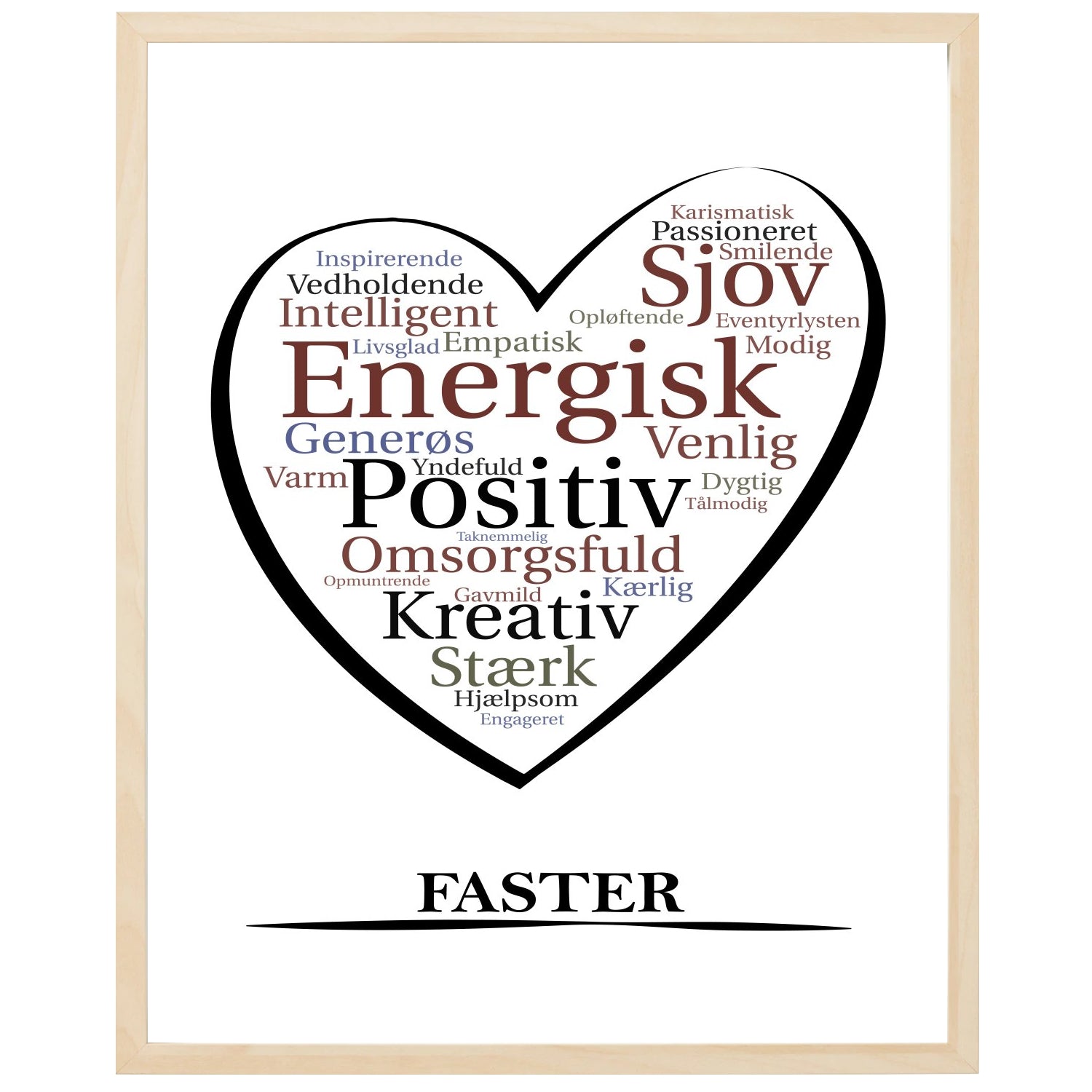 En plakat med overskriften Faster, et hjerte og indeni hjertet mange positive ord som beskriver en Faster