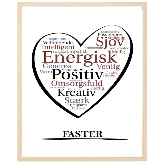 En plakat med overskriften Faster, et hjerte og indeni hjertet mange positive ord som beskriver en Faster
