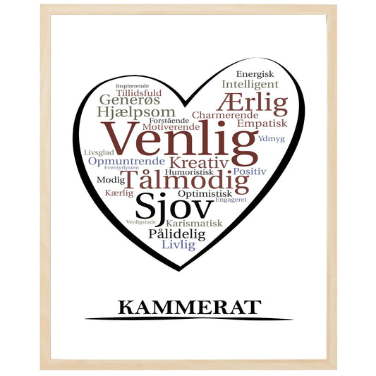 En plakat med overskriften Kammerat, et hjerte og indeni hjertet mange positive ord som beskriver en Kammerat