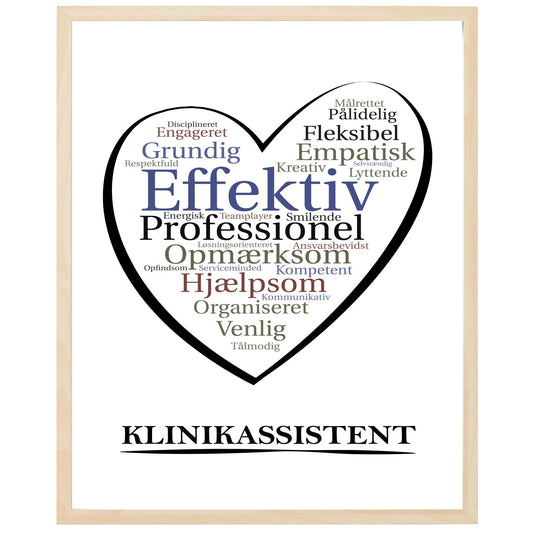 En plakat med overskriften Klinikassistent, et hjerte og indeni hjertet mange positive ord som beskriver en Klinikassistent
