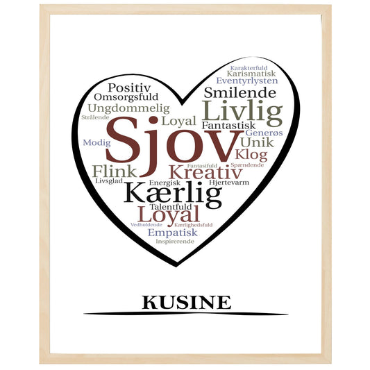 En plakat med overskriften Kusine, et hjerte og indeni hjertet mange positive ord som beskriver en Kusine