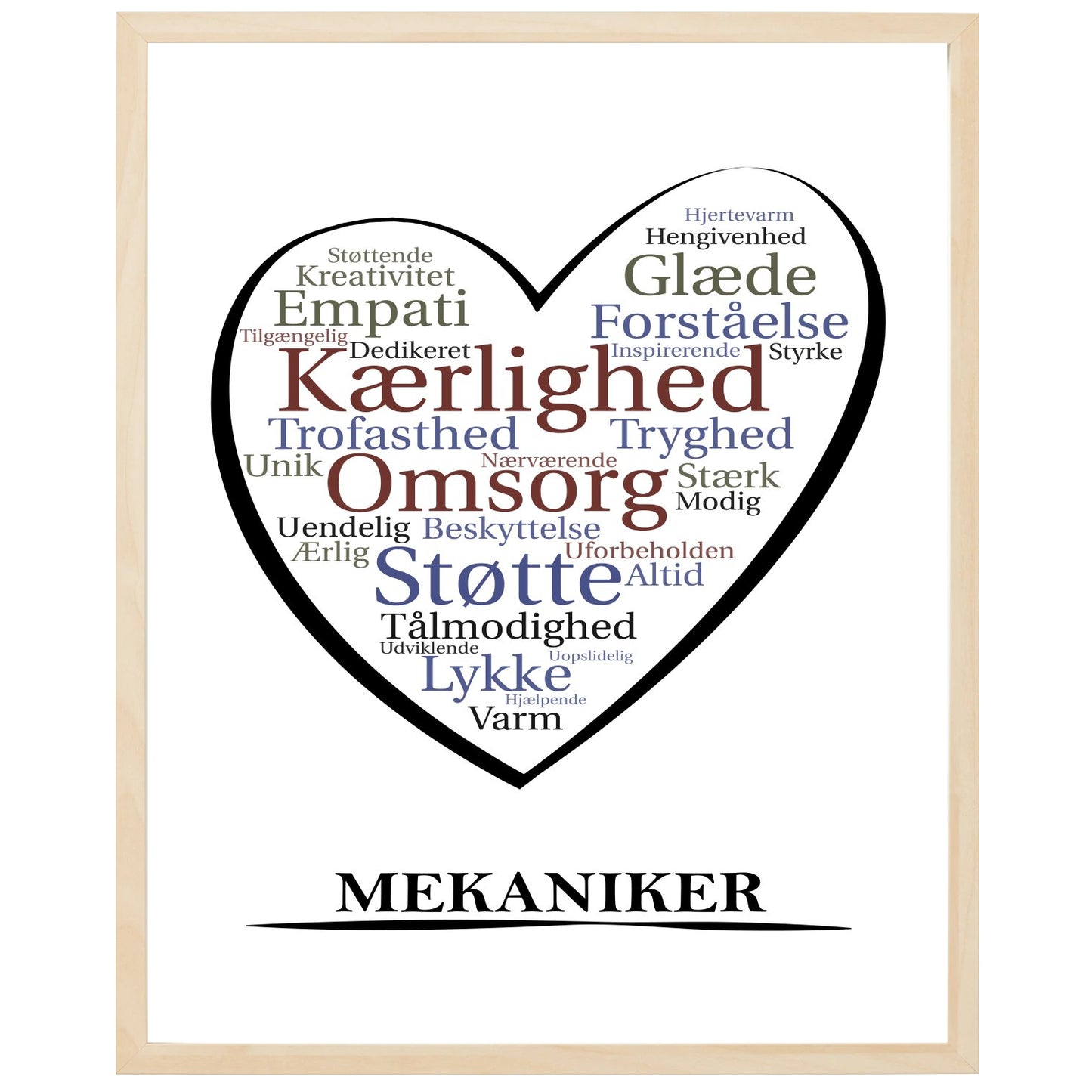 En plakat med overskriften Mekaniker, et hjerte og indeni hjertet mange positive ord som beskriver en Mekaniker