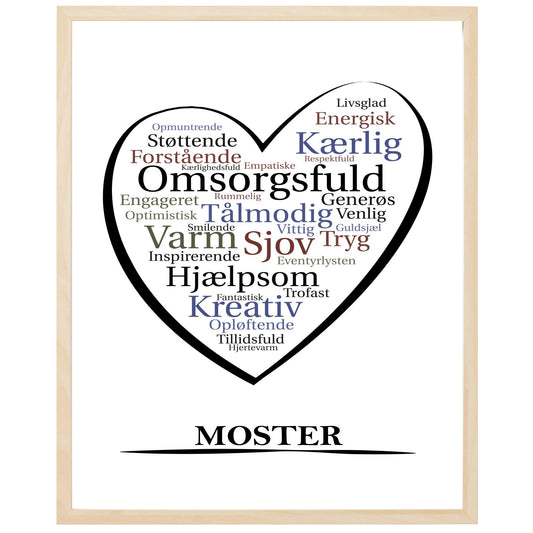 En plakat med overskriften Moster, et hjerte og indeni hjertet mange positive ord som beskriver en Moster