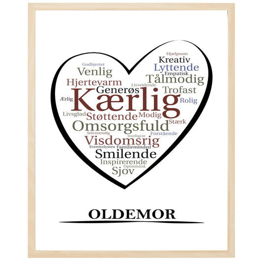 En plakat med overskriften Oldemor, et hjerte og indeni hjertet mange positive ord som beskriver en Oldemor
