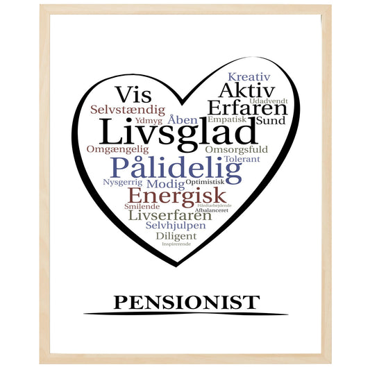 En plakat med overskriften Pensionist, et hjerte og indeni hjertet mange positive ord som beskriver en Pensionist