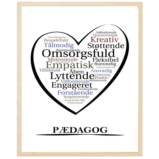 En plakat med overskriften Pædagog, et hjerte og indeni hjertet mange positive ord som beskriver en Pædagog