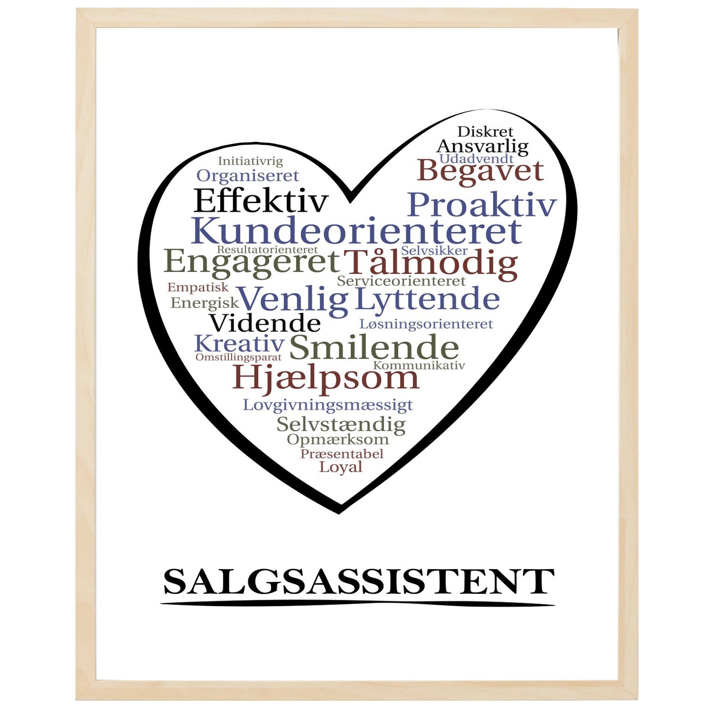 En plakat med overskriften Salgsassistent, et hjerte og indeni hjertet mange positive ord som beskriver en Salgsassistent