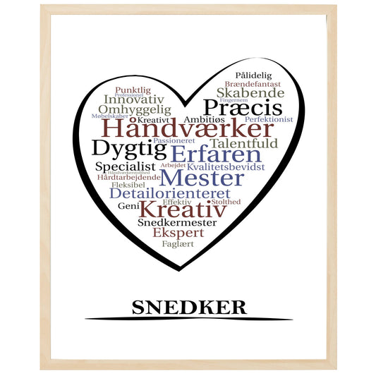 En plakat med overskriften Snedker, et hjerte og indeni hjertet mange positive ord som beskriver en Snedker