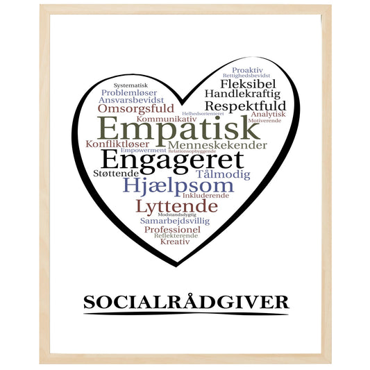 En plakat med overskriften Socialrådgiver, et hjerte og indeni hjertet mange positive ord som beskriver en Socialrådgiver