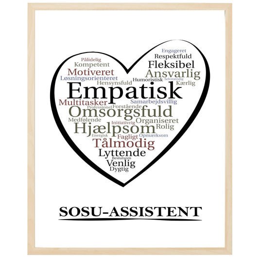 En plakat med overskriften Sosuassistent, et hjerte og indeni hjertet mange positive ord som beskriver en Sosuassistent