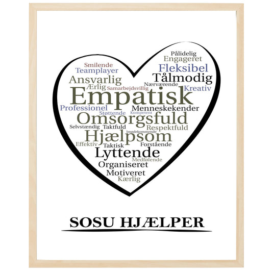 En plakat med overskriften Sosuhjælper, et hjerte og indeni hjertet mange positive ord som beskriver en Sosuhjælper
