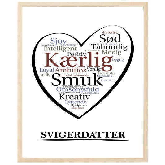 En plakat med overskriften Svigerdatter, et hjerte og indeni hjertet mange positive ord som beskriver en Svigerdatter