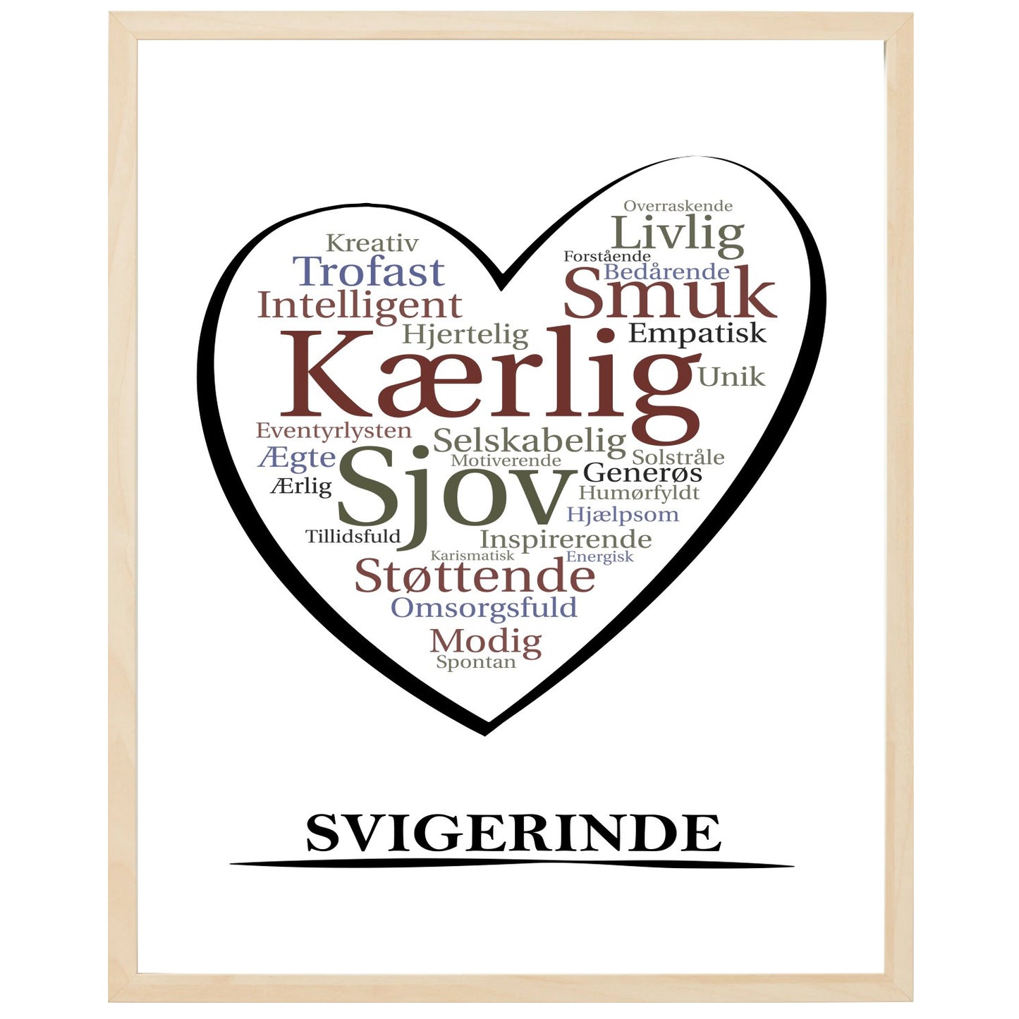 En plakat med overskriften Svigerinde, et hjerte og indeni hjertet mange positive ord som beskriver en Svigerinde