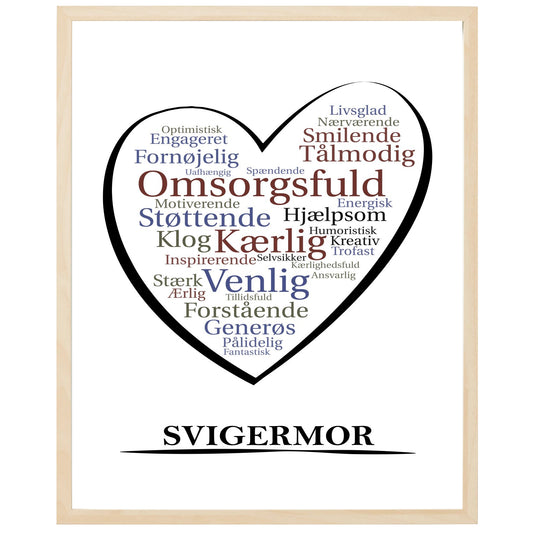 En plakat med overskriften Svigermor, et hjerte og indeni hjertet mange positive ord som beskriver en Svigermor